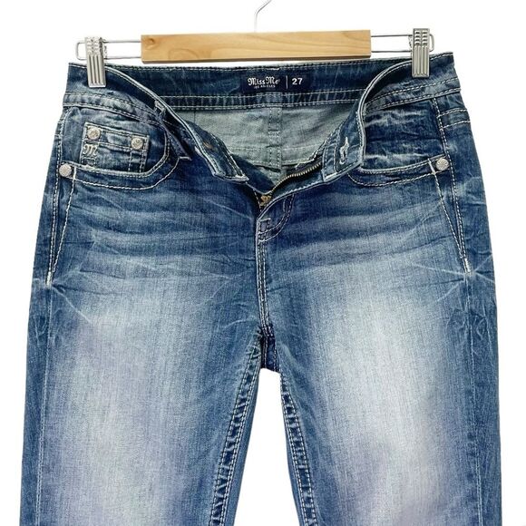 Miss Me Pearl & Feather Border Mid Rise Capri Jeans Cropped Straight Leg Size 27 - Picture 7 of 13